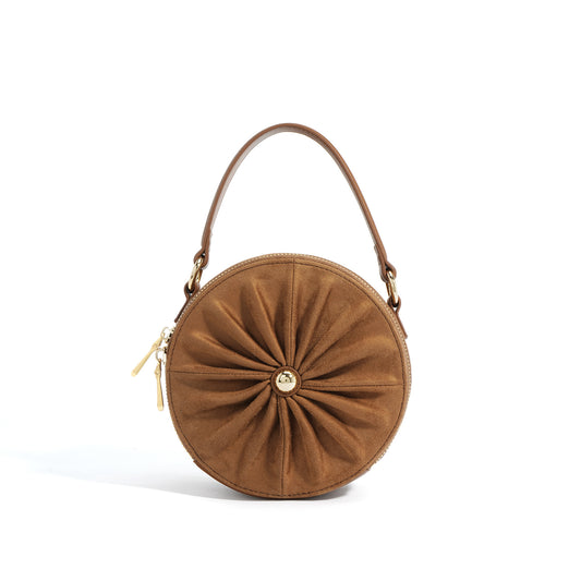Pleated Genuine Leather Round Chain Crossbody Bag