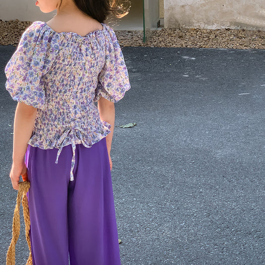 Girls' Chic Floral Blouse and Capri Pants Two Pieces Set