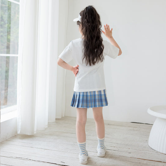 Girls' Short Sleeve Tee with Pleated Plaid Skirt Two Pieces Set