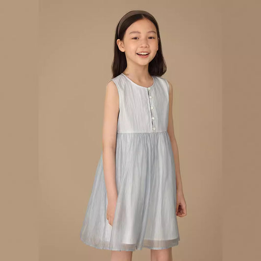 Korean Style Blue Cloud Wrinkle Mesh Girls' Princess Dress