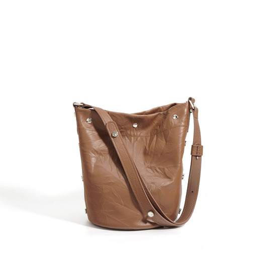 Pleated Genuine Leather Bucket Commuter Bag
