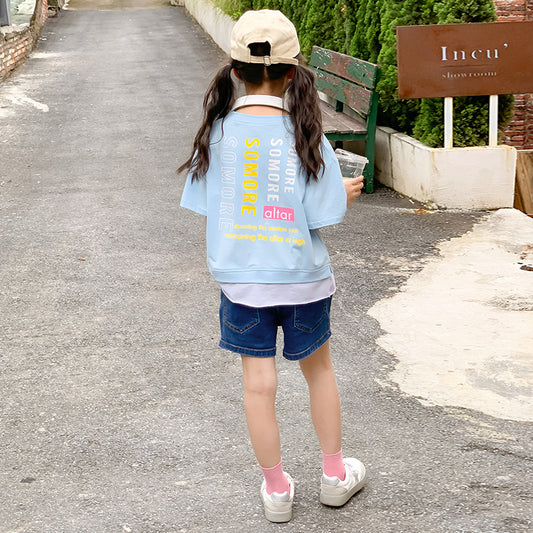 Girls' Korean Style Faux Two-piece Odel T-shirt + Denim Shorts Set
