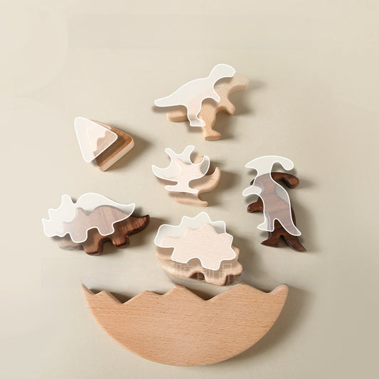 Wooden dinosaur stacking high building block toy, multi-color dinosaur stacking music, baby balance beam stacking toy