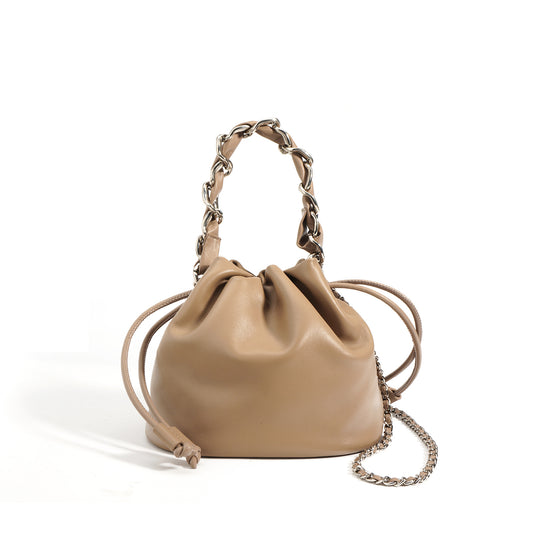 Drawstring Genuine Leather Bucket Crossbody Bag