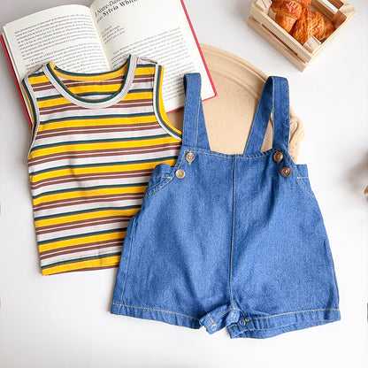 Baby Boy Striped Tank Top and Suspender Romper Two-Piece Set