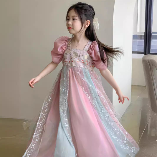Chinese Hanfu Sequin Mesh Bubble Sleeve Princess Dress