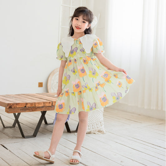 Girls' Pointed Collar Floral Pop Dress