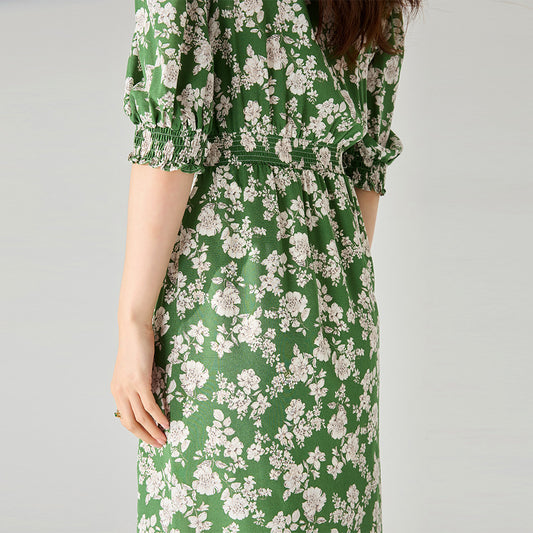 French Green Ruched Floral Wrap Midi Dress