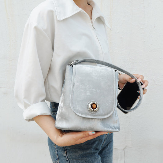 Silk & Genuine Leather Flip Bucket Crossbody Bag