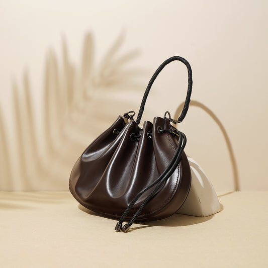 Drawstring Genuine Leather Shell Crossbody Bag