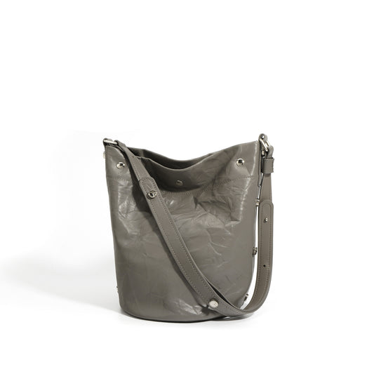 Pleated Genuine Leather Bucket Shoulder Bag