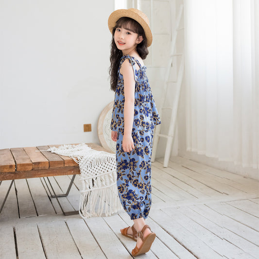 Girls' Floral Sleeveless Top and Jogger Pants Two Pieces Set