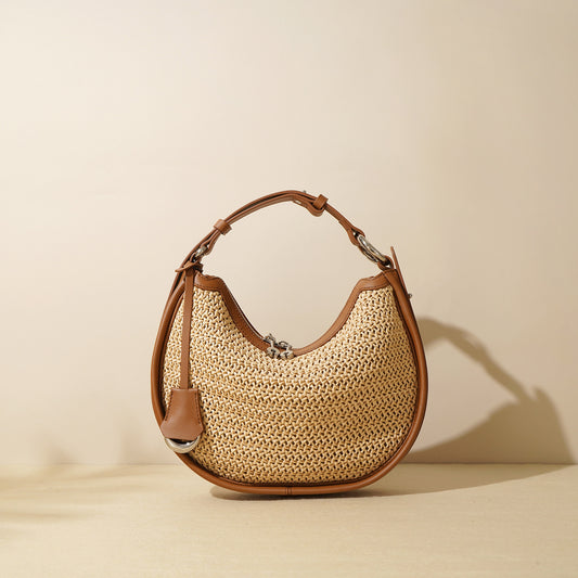 Woven Genuine Leather Crescent Crossbody Bag