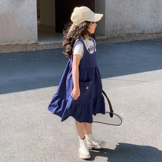 Girls' Korean Style Casual T-shirt and Suspender Dress Two Pieces Set