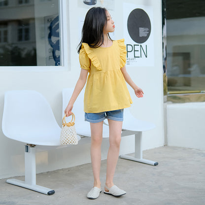 Girls' Korean Style Ruffled Blouse and Denim Shorts Two Pieces Set