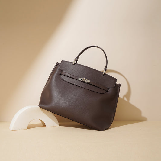 Retro Kelly-Style Genuine Leather Shoulder Bag