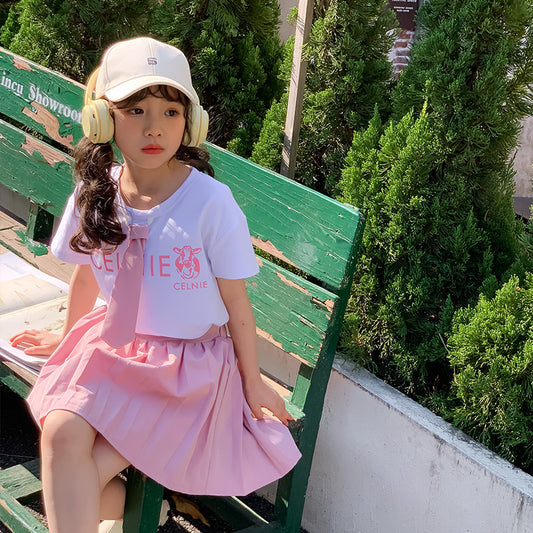 Girls' Preppy Style T-shirt and Pleated Skirt Two Pieces Set