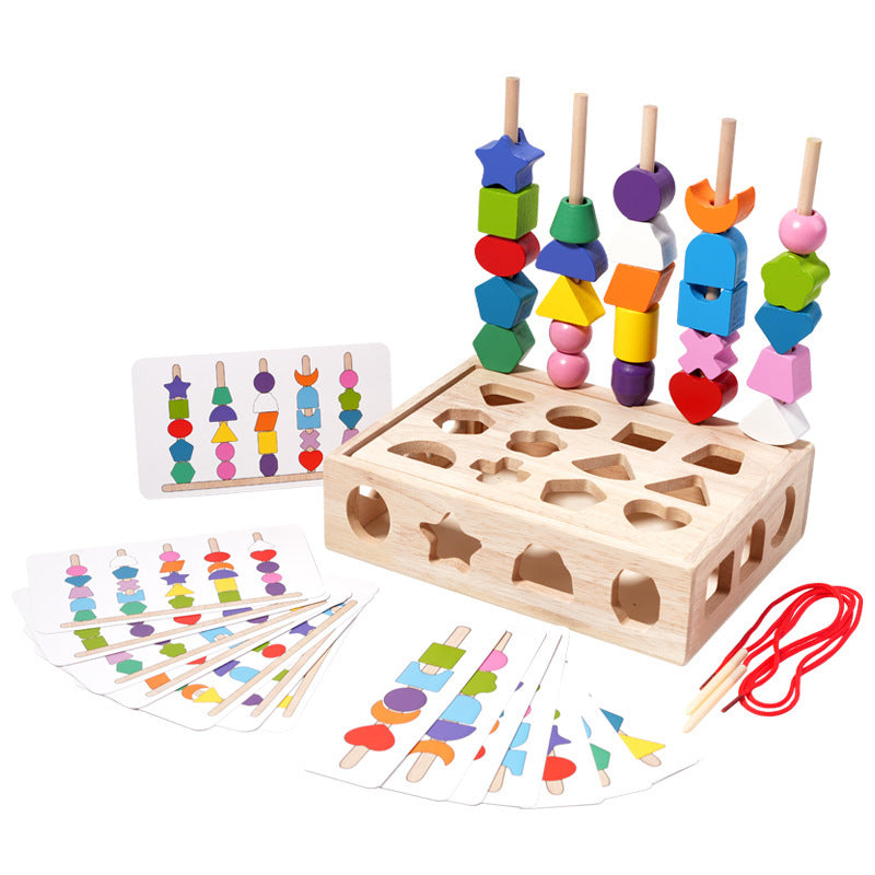 Wooden string bead toys for infants and young children, focus training teaching aids, five pillar shape, color, cognitive matching, intelligence box