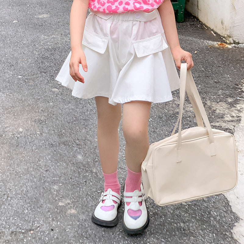 女童韩版豹纹纯棉T恤+白色短裙套装