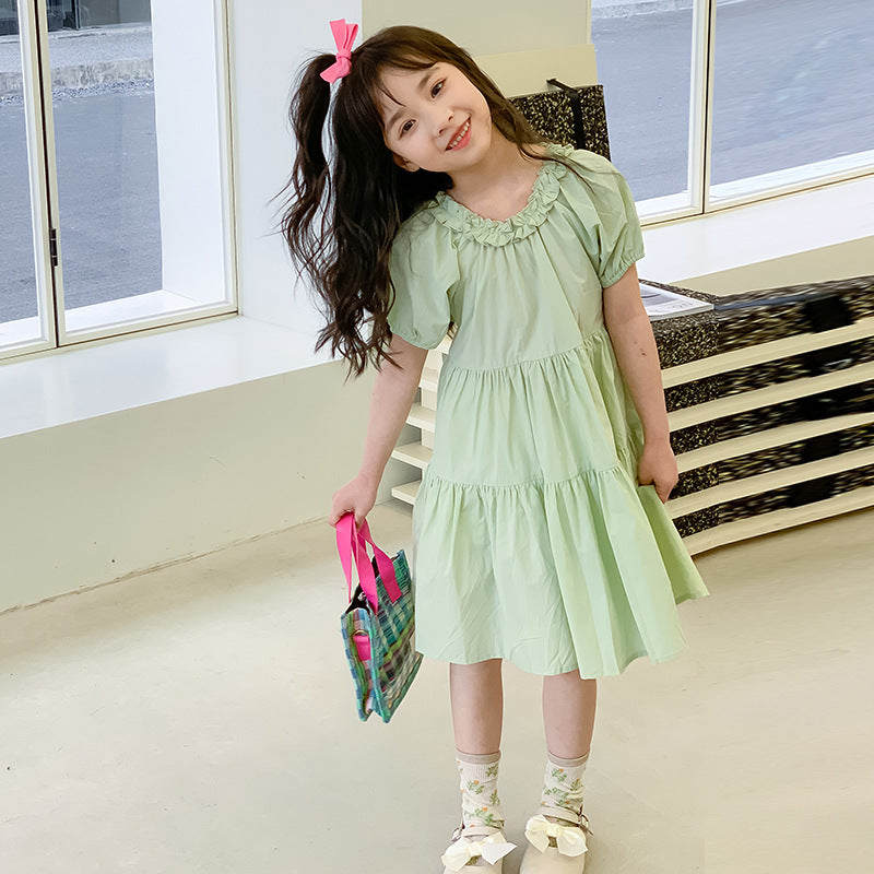 Girls' Korean Style Puff Sleeves Cake Dress