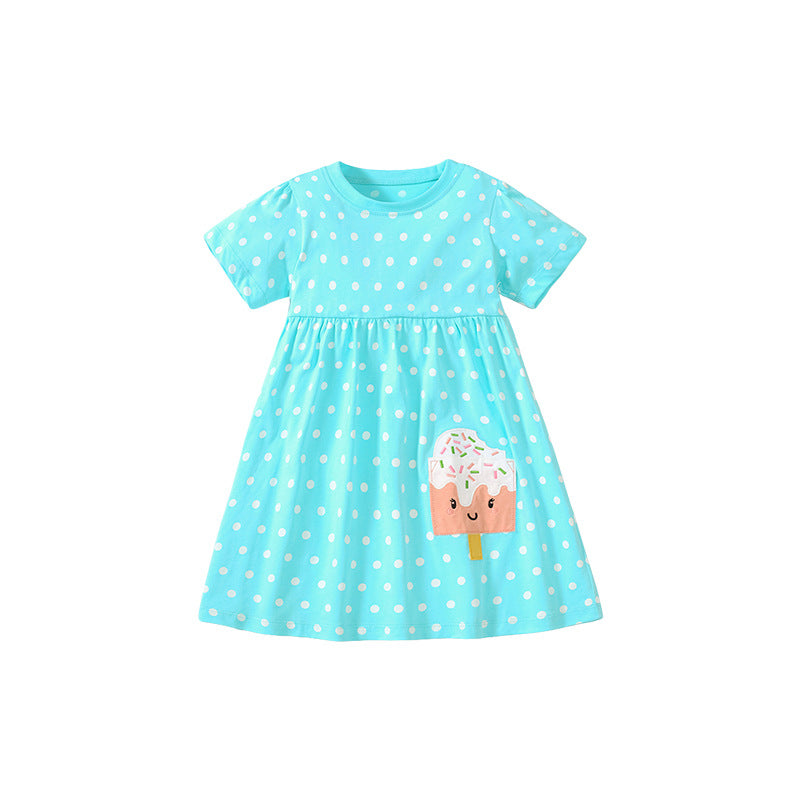 Cartoon Print Short Sleeves Kids' Princess Dress