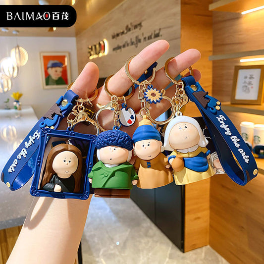 Cartoon Moon Half Artist Pearl Earrings Girl Mona Lisa Keychain Female Couple Bag Pendant