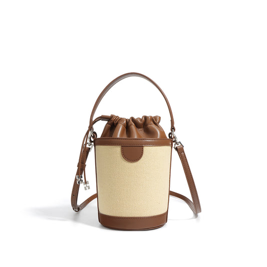 Korean-Style Genuine Leather & Canvas Bucket Bag