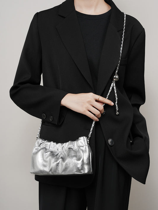 Chain Pleated Genuine Leather Armpit Bag