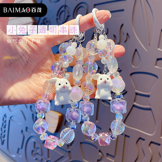 Cartoon bunny transparent bead keychain for men and women, exquisite car keychain, mobile phone chain, couple pendant