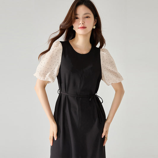 Elegant Black & Polka Dot Panel Straight Dress