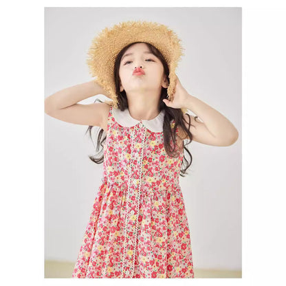 Korean Style Girls' Cotton Floral Sleeveless Princess Dress