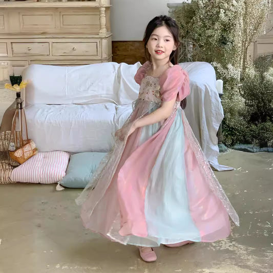Chinese Hanfu Sequin Mesh Bubble Sleeve Princess Dress