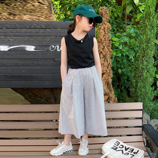 Girls' Plain Color Tank Top and Striped Wide Leg Pants Two Pieces Set