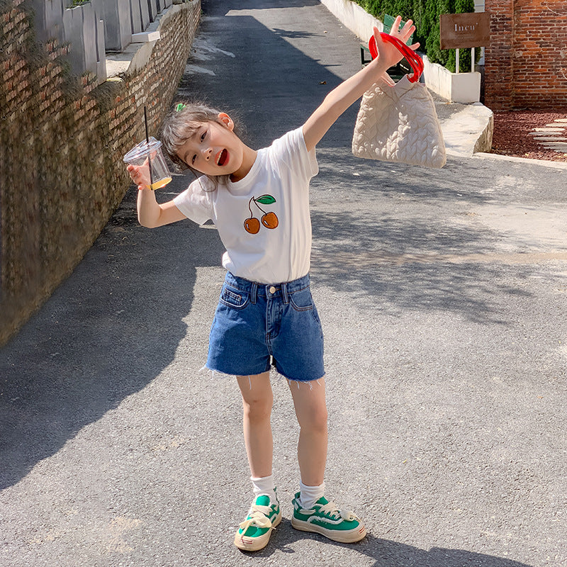 Girls' Cherry T-shirt and Denim Shorts Two Pieces Set Girls