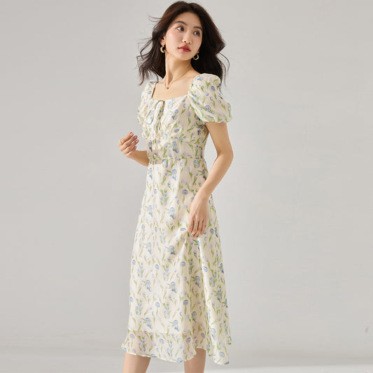 Elegant Floral Puff Sleeve Midi Dress