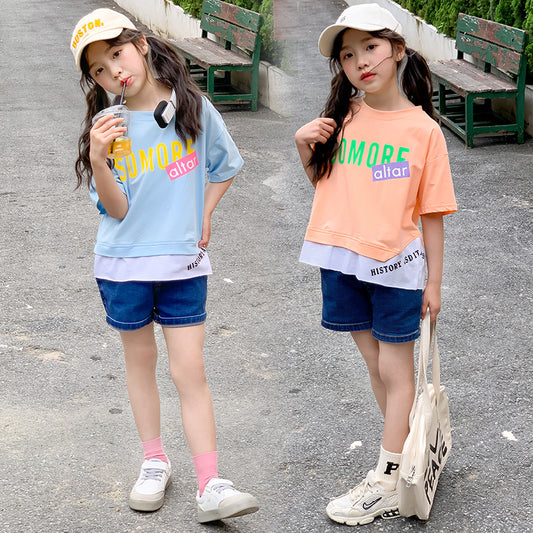Girls' Korean Style Faux Two-piece Odel T-shirt + Denim Shorts Set