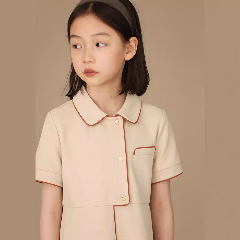 Asymmetrical Polo Collar Short-sleeved Korean Style Girls' Dress