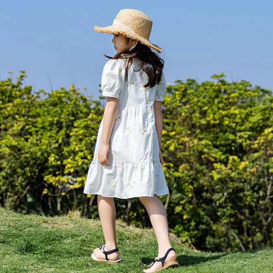 Girls' Korean Style Floral Embroidery Dress