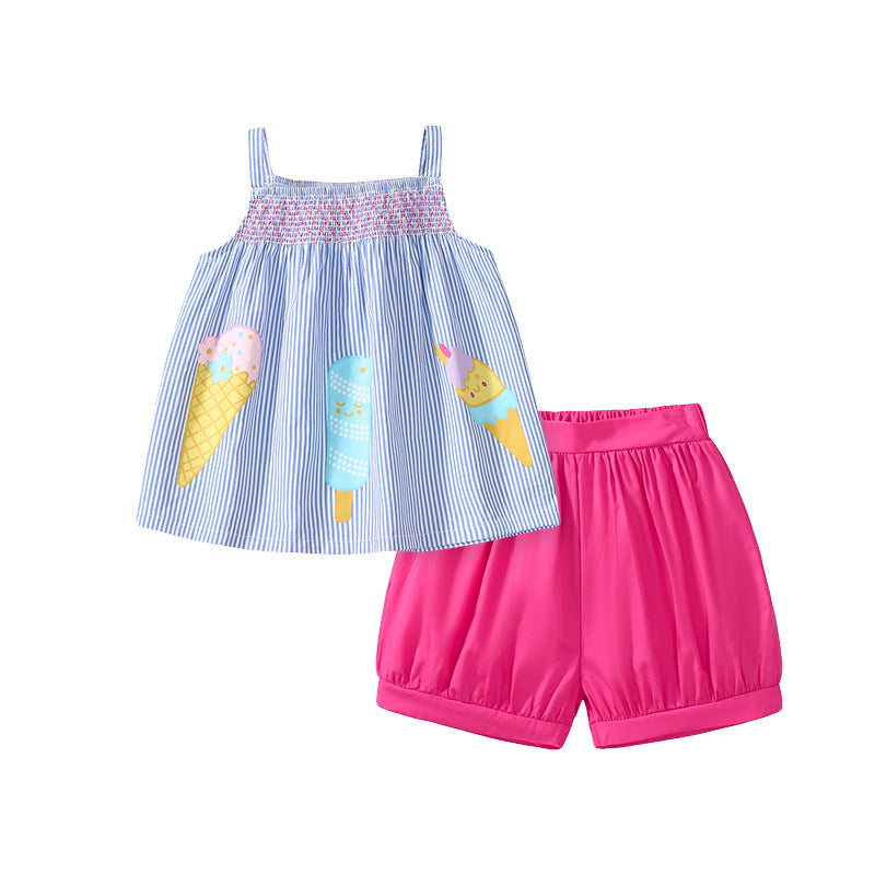 Ruffled Cartoon Girls' Tank Top Shorts Two-pieces Set