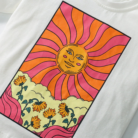 Cartoon Print Girls' Cotton T-shirt Shorts Two-pieces Set