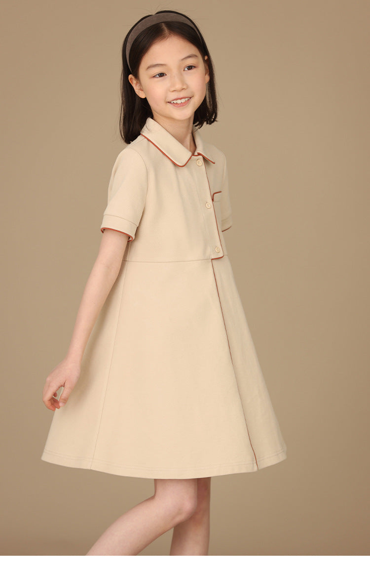 Asymmetrical Polo Collar Short-sleeved Korean Style Girls' Dress