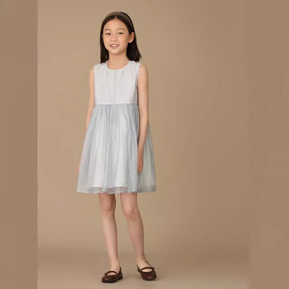 Korean Style Blue Cloud Wrinkle Mesh Girls' Princess Dress