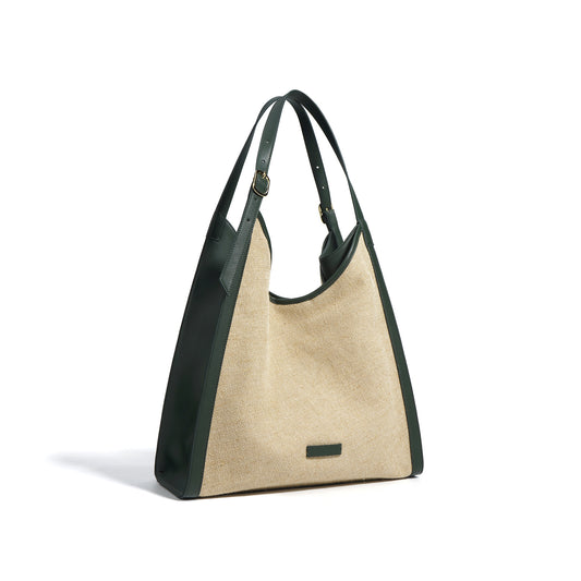 Cotton Linen Genuine Leather Commuter Tote Bag