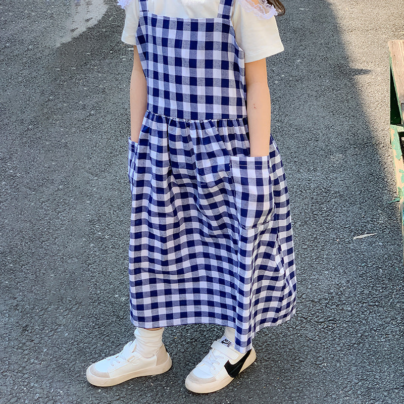 女童学院风露肩上衣和格子吊带连衣裙两件套