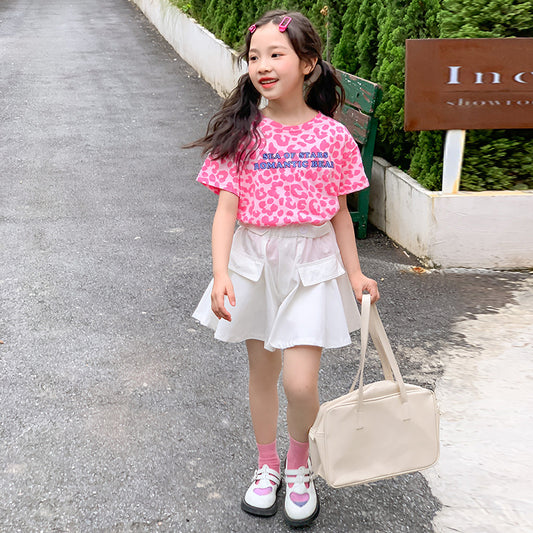 Girls' Korean Style Leopard Print Cotton T-Shirt + White Skorts Set