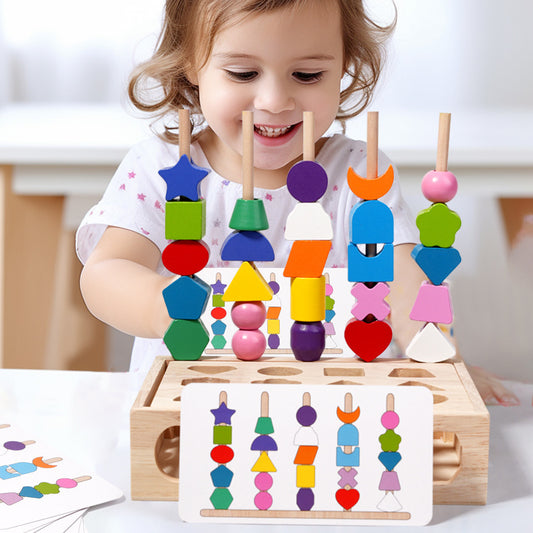Wooden string bead toys for infants and young children, focus training teaching aids, five pillar shape, color, cognitive matching, intelligence box