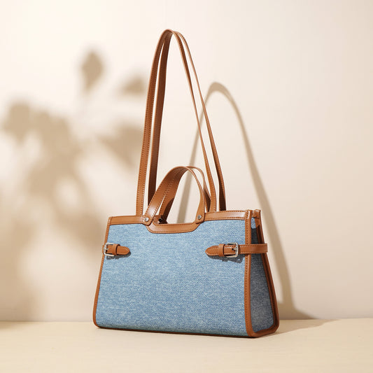 Genuine leather denim tote bag, large capacity underarm bag