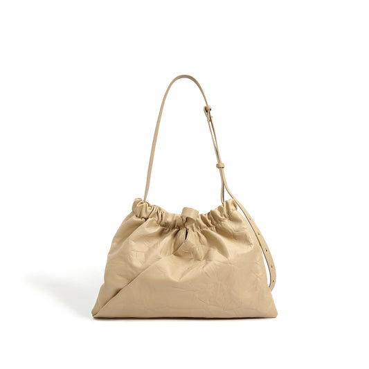 Pleated Genuine Leather Drawstring Retro Hobo Bag