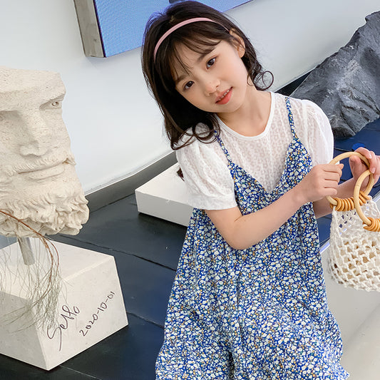 Child in a blue dress holding a bag