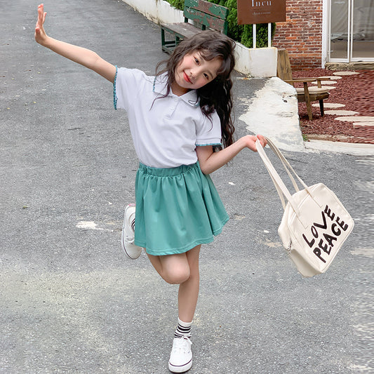 Girls' Korean Style Polo Shirt + Half Skirt Set